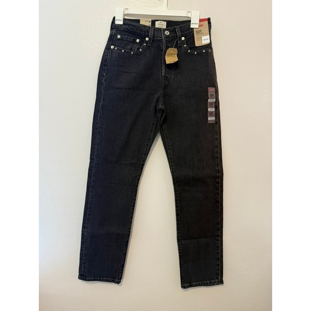 Levis 501 Original High Rise Straight Leg Studded Black Jeans 27x30 NWT